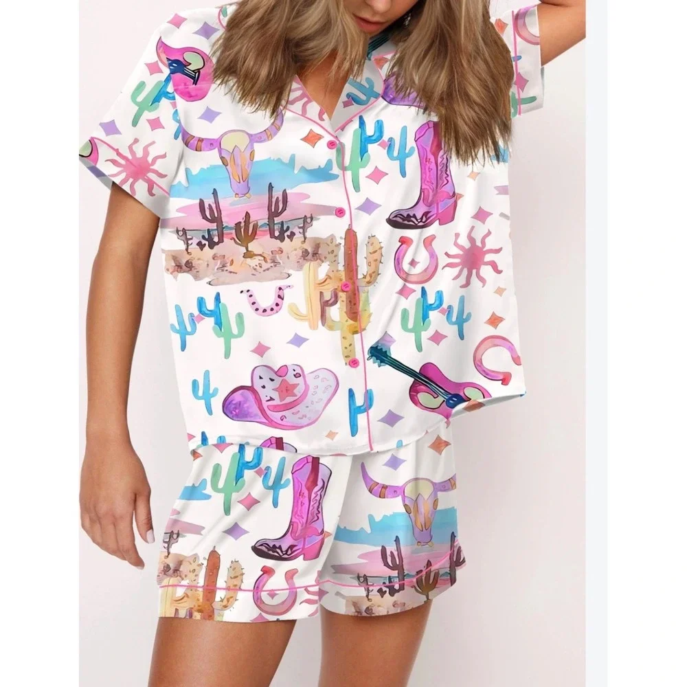 NIB Western Desert Pajama Set Short Sleeve Button Down Shorts Pastel Small